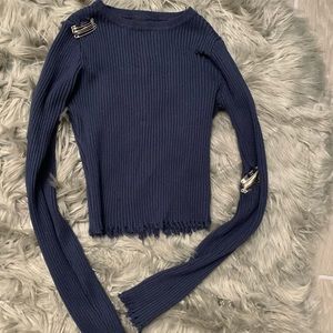 Blue distressed ribbed long sleeve